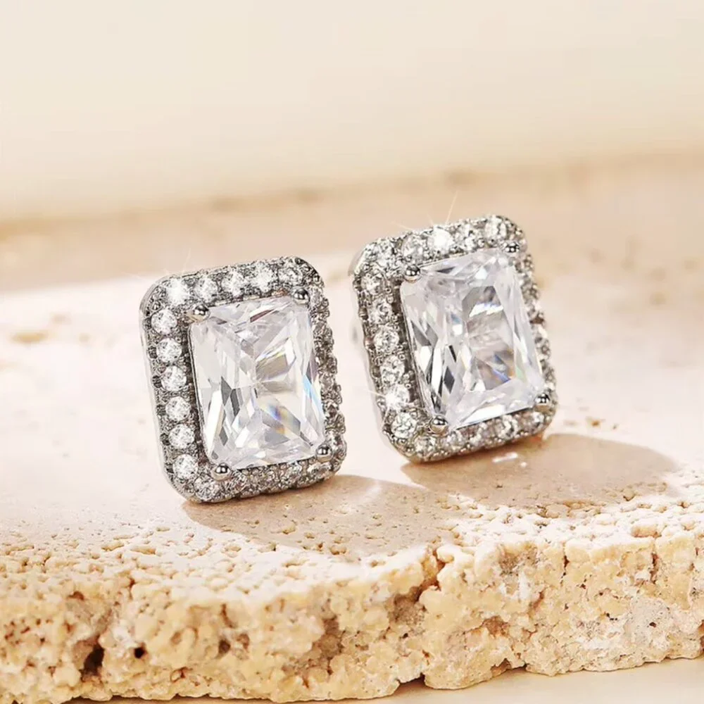 925 Sterling Silver Diamond Emerald Cut Stud Earrings_4